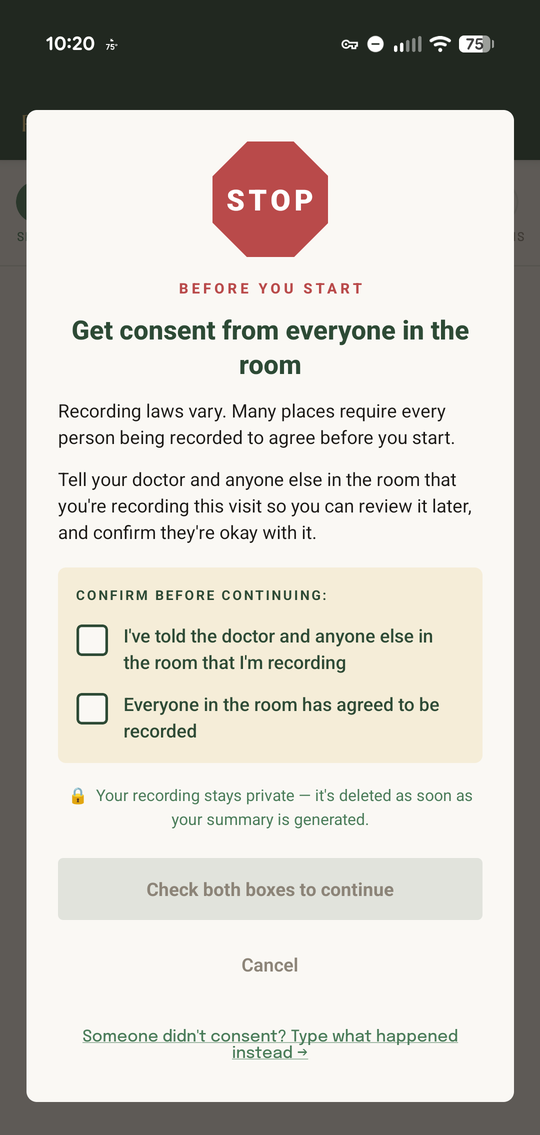 The Rootwise App consent gate: a stop sign above the heading Get consent from everyone in the room, with two checkboxes that must both be ticked before recording can start.