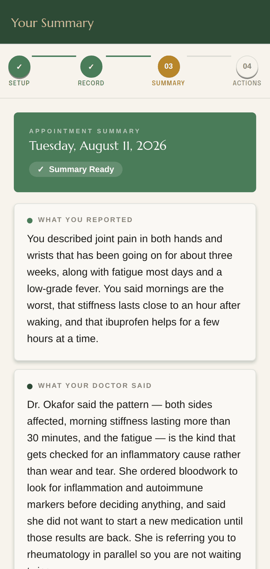 Rootwise App screenshot: a plain-language visit summary
