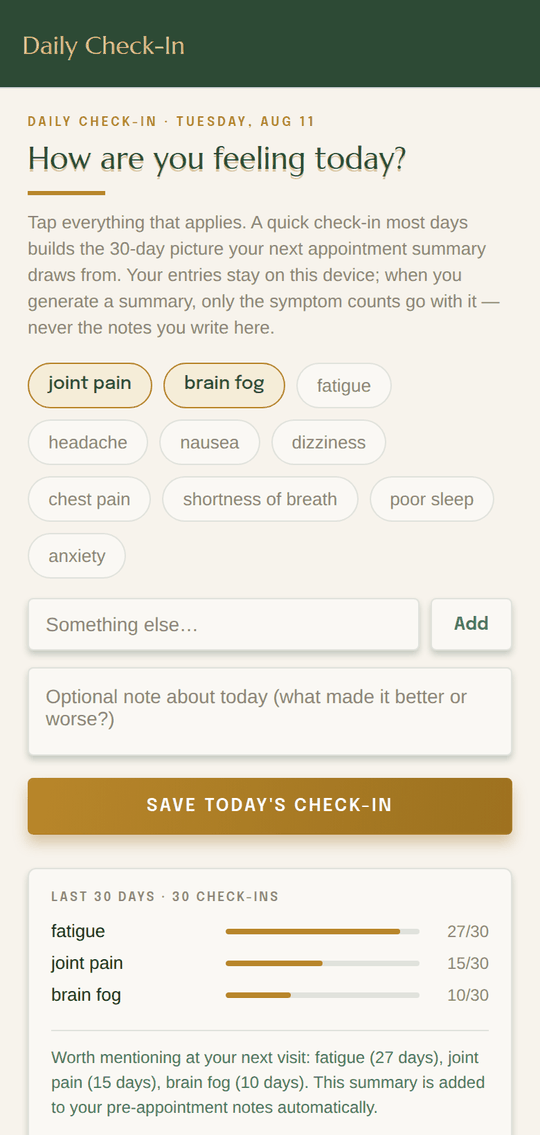 The Rootwise App daily check-in screen: tappable symptom chips, a field for something else, an optional note, and a 30-day frequency chart underneath.