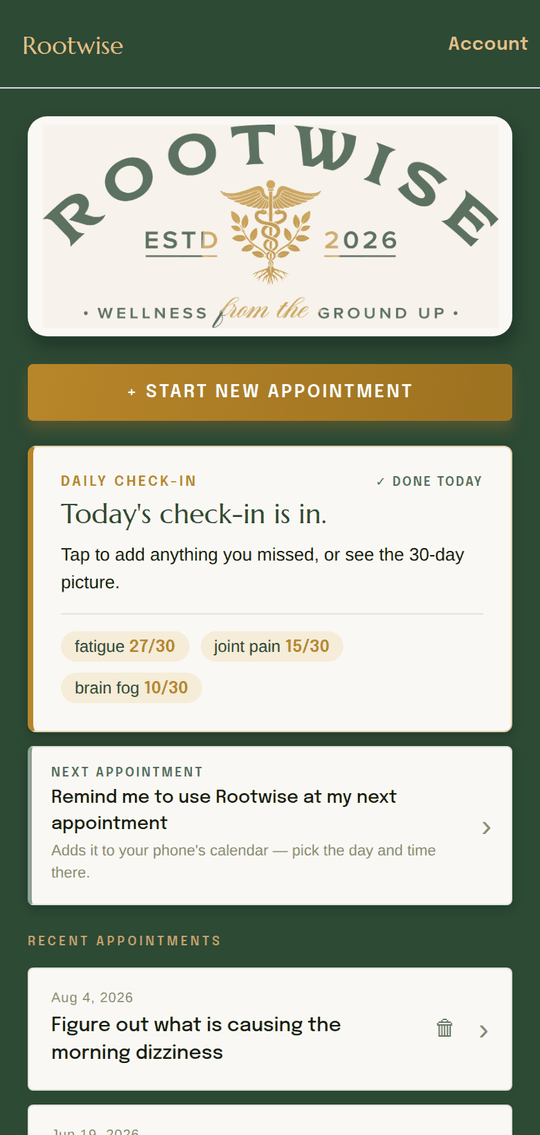 The Rootwise App home screen: the Rootwise banner, a Start New Appointment button, a daily check-in card showing the three most-logged symptoms, a row for setting a next-appointment reminder, and a list of past appointments.