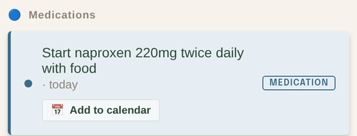 Close-up of an action item: schedule or attend follow-up appointment, due in 3 months, with a Schedule tag and an Add to calendar button.