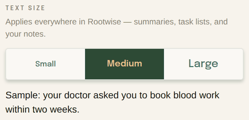 Close-up of the account screen's text size control: small, medium, and large options, with a sample sentence underneath that resizes with the choice.